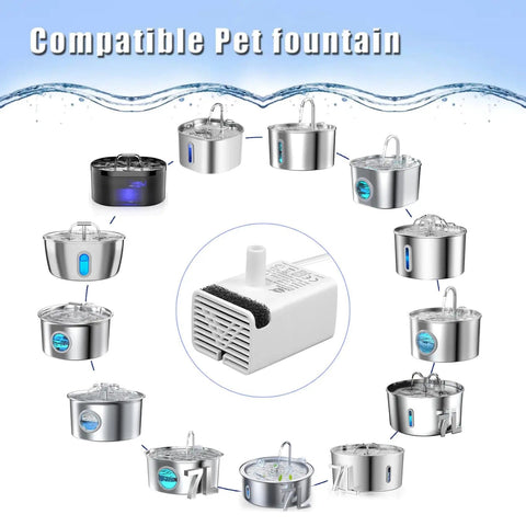 Replacement Submersible Pump For Stainless Steel Cat Water Fountains JY-830 surrounded by compatible pet fountains