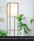 Cozy Rustic Wood Shelf Floor Lamp With Shade And Built-In 9W LED Bulb, corner display with plants in a modern living room.
