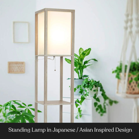 Cozy Rustic Wood Shelf Floor Lamp With Shade And Built-In 9W LED Bulb, corner display with plants in a modern living room.