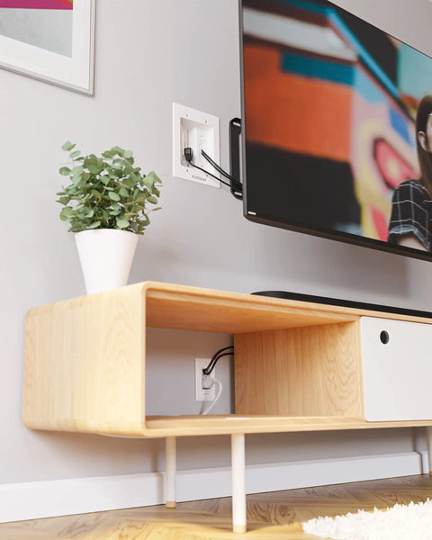 In Wall TV Cable Management Kit With Dual Outlet For Wall Mounted TVs Hides Power And Low Voltage Cables installed near TV
