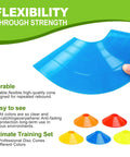 Set Of 25 Multicolor Agility Cones With Carry Bag For Indoor And Outdoor Training showing flexible blue cone and color variety