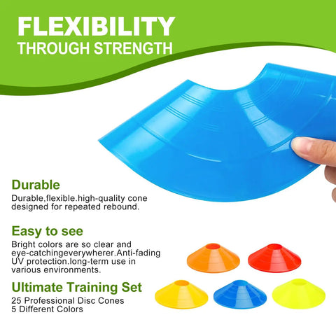 Set Of 25 Multicolor Agility Cones With Carry Bag For Indoor And Outdoor Training showing flexible blue cone and color variety