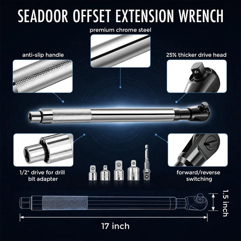 Heavy Duty One Half Inch Drive Offset Extension Wrench 17 Inch Impact Rated Ratchet Extender Tool with anti-slip handle and chrome steel.