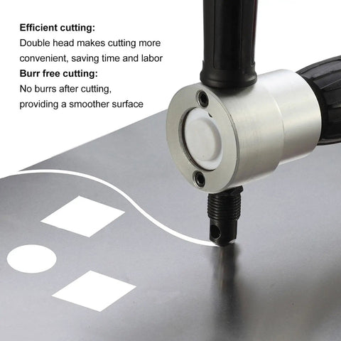 Close-up of Super Fast Double Head Sheet Metal Nibbler Drill Attachment working on metal, showcasing efficient burr-free cutting.