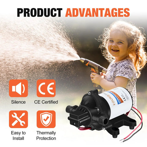 Child using 12V RV Water Diaphragm Pump With Auto On Off Switch Self Priming 3.5 GPM At 45 PSI Fresh Water Pressure Pump in garden