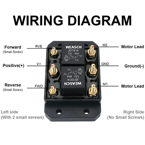 Wiring diagram for Beefy 12V Forward And Reverse Relay Module With Six Terminals For Tarpaulin Systems Winches Hoists And Snow Plows Replaces 5541100 ATP0110 High Current Reversing Motor Control Up To 80A Intermittent And 50A Continuous, six-terminal relay