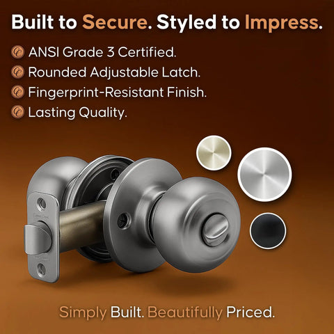 Heavy Duty Satin Stainless Interior Door Knob Set With Privacy Button, ANSI Grade 3 Certified, metal latch visible