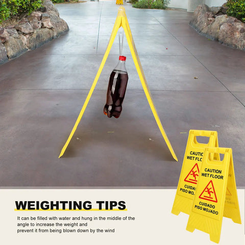 Heavy Duty Folding Wet Floor Signs, Set Of Twelve Double Sided Bilingual Safety Placards For Shop And Office Floors, Bold Yellow Warning Markers with weighted tips.