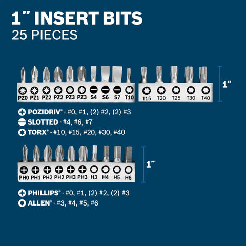 25 insert bits from 65-Piece Drilling And Driving Mixed Set with 1-inch PoziDriv, Torx, Phillips, and Allen bits displayed.