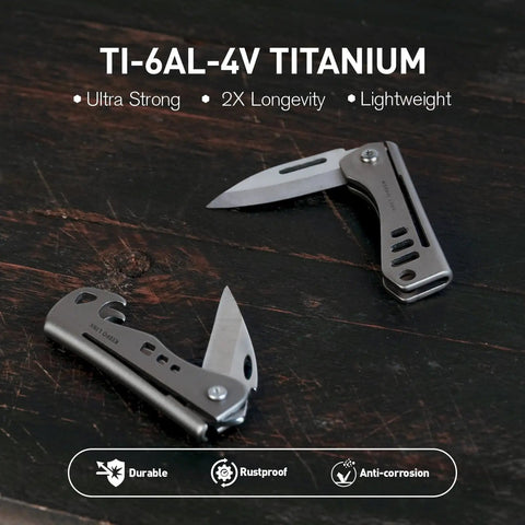 Two Titanium Mini Pocket Knives With Bottle Openers For EDC And Outdoor Gear on dark surface, open and closed