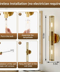 Champagne Gold Battery Operated Wall Sconces Set of 2, Rechargeable Sconce installation steps visual, dimensions shown.