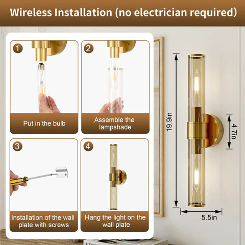 Champagne Gold Battery Operated Wall Sconces Set of 2, Rechargeable Sconce installation steps visual, dimensions shown.