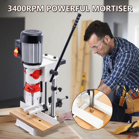 Rock Solid Cast Iron Benchtop Mortiser With Slick 3400 Rpm Motor And Three Quarter Horsepower for precise mortise cuts.