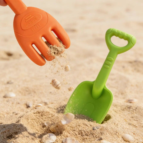 Large Beach Sand Toy Set with two shovels and two rakes in mesh bag sixteen point five inch heavy duty plastic four piece kit on beach