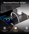 Power outlets on electric standing desk with USB ports, charging phone, part of Electric Standing Desk With Drawers 48 By 24 Inch Height Adjustable Gaming Desk With Monitor Stand Power Outlets LED Lights And Memory Preset Perfect For Home Office Or Gaming Setups Black