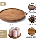 Acacia Wood Lazy Susan Turntable Organizer For Kitchen Cabinets And Pantry Rotating Spice Rack, 8.6 inch, smooth rotation