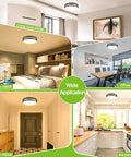 Collage showing 10 Inch Flush Mount LED Ceiling Light 2 Pack 2200 Lumens 24W Equivalent Three Color Temperature Options 3000K 4000K 5000K For Bathroom Kitchen Bedroom Hallway in different rooms.