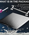 Package contents showing 12 Inch High Pressure Square Rain Showerhead With 11 Inch Adjustable Arm and accessories.