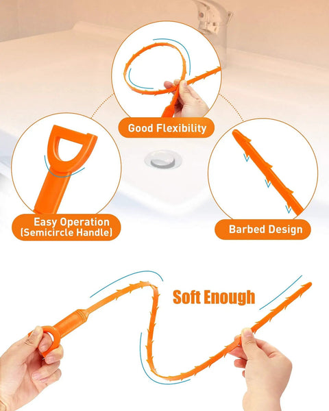 Close-up of an orange 25 Inch Drain Snake Six Pack Hair Clog Remover Tools for Shower Kitchen Sink Bath Tub, showing flexibility and barbed design.