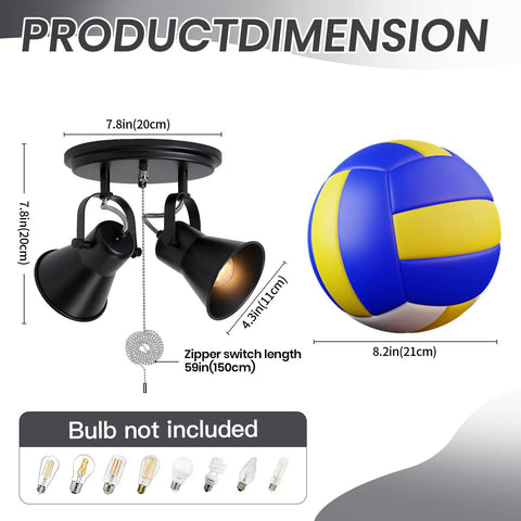 Two Light Black Track Lighting With Pull Chain Industrial Adjustable Ceiling Light Fixture dimensions shown with a volleyball for scale.