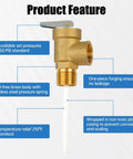 Front view of brass 3/4 in NPT temperature and pressure relief valve with lever and extension probe