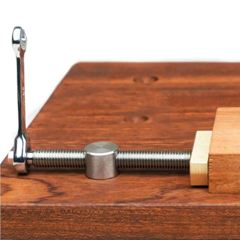 Heavy Duty Adjustable Benching Dog Clamp For Woodworking on wooden workbench, three quarter inch dog hole