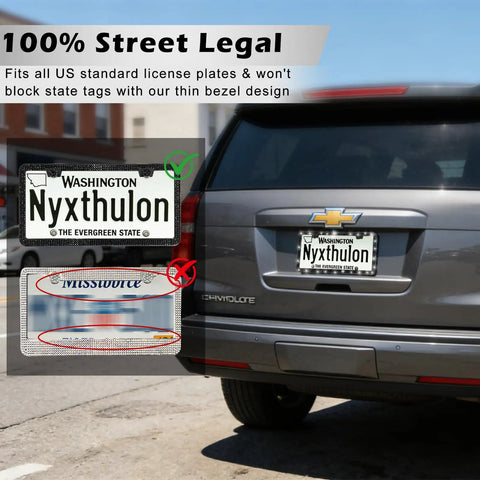 Glitzy License Plate Frame Set For Women with stainless steel rhinestone frame, shown on a car, showcasing its legal compliance.