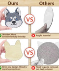 Comparison between dog-shaped wooden diamond painting coaster and acrylic coaster, highlighting benefits of wood in the Dog Shaped Diamond Painting Coasters Kit With Holder For Drinks 8 Pieces DIY Diamond Art Coasters For Beginners And Adults Includes Diamonds Glue Pens Trays And Holder A Fun Craft Gift For Craft Lovers.