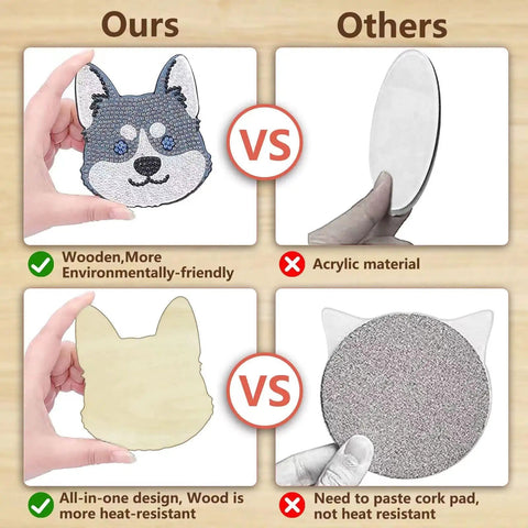 Comparison between dog-shaped wooden diamond painting coaster and acrylic coaster, highlighting benefits of wood in the Dog Shaped Diamond Painting Coasters Kit With Holder For Drinks 8 Pieces DIY Diamond Art Coasters For Beginners And Adults Includes Diamonds Glue Pens Trays And Holder A Fun Craft Gift For Craft Lovers.
