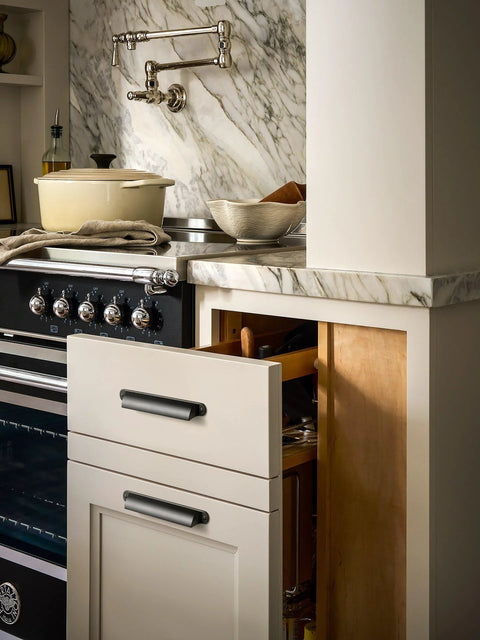 Kitchen view with Six Pack Black Cabinet Cup Pulls And Drawer Handles, 5.04 Inch Center To Center Zinc Alloy Bar Pulls on drawer