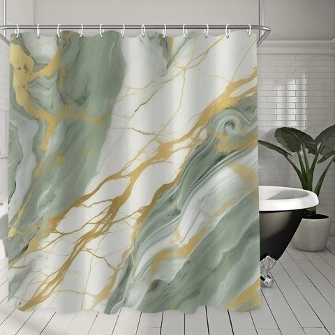 Boho Chic Green Gold Shower Curtain for Bathroom with Sage White and Light Green Marble Print Waterproof Polyester Fabric Set with 12 Hooks 72x72 Inches Semi Transparent Modern Luxury Bath Decor