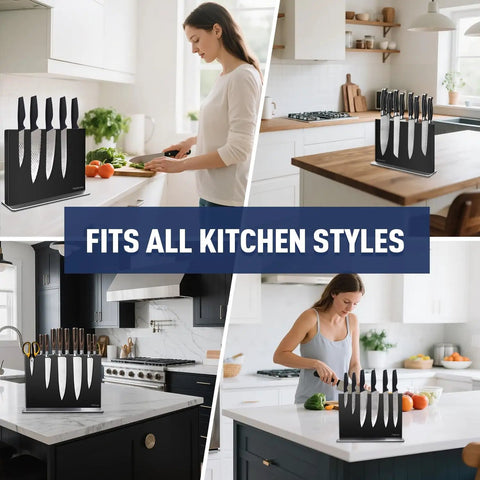 Double-Sided Magnetic Knife Holder Stand With Strong Magnets, Black Stainless Steel Knife Block For Kitchen Countertop, Suspends 10-14 Blades, Easy Knife Storage Organizer, Knives Not Included