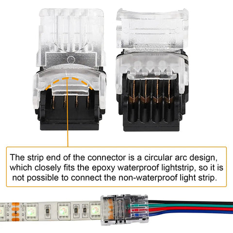Close-up of 10 Pack 4 Pin Waterproof LED Strip Connector for 10mm RGB 5050 Strips No Soldering Quick Wire Connection Without Stripping