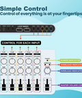 Portable Five-Input Audio Mixer With Three 3.5mm Outputs, control panel view with labeled indicators and knobs.