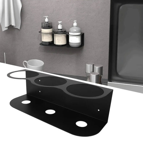 Solid Two Pack Aerosol Bottle Holder Wall Mount For Spray Cans Beefy Steel Storage Rack displaying black metal design and three cup holders.