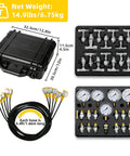 All In One Hydraulic Pressure Test Kit With Five Gauges 10 100 250 400 600 Bar 13 Test Couplings And 14 Tees Universal Heavy Duty Hydraulic Gauge Set for Excavators And Loaders Compatible With CAT John Deere Komatsu Hitachi Kobelco And More in a black case with hoses and connectors