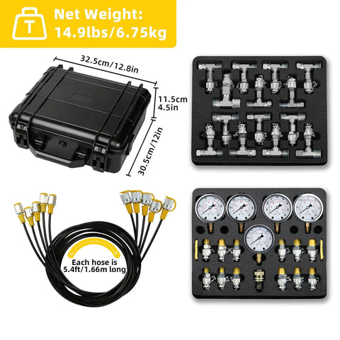All In One Hydraulic Pressure Test Kit With Five Gauges 10 100 250 400 600 Bar 13 Test Couplings And 14 Tees Universal Heavy Duty Hydraulic Gauge Set for Excavators And Loaders Compatible With CAT John Deere Komatsu Hitachi Kobelco And More in a black case with hoses and connectors