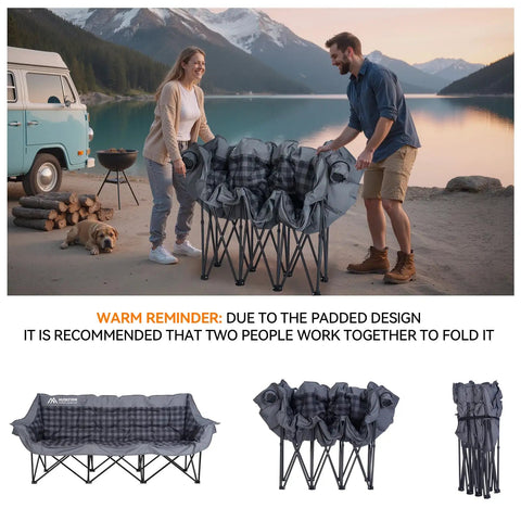 Two people folding a Three Person Padded Camping Chair Loveseat, Foldable Double Camp Couch For Adults With Two Cup Holders