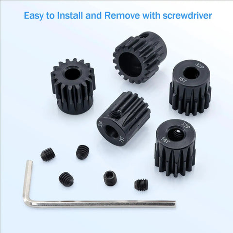 32P Hardened Steel Pinion Gear Set With Hex Key Screwdriver Built Tough For 1/8 RC Cars, 13T 14T 15T 16T 17T Teeth, 5mm Hole