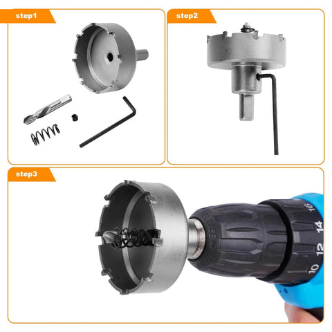 Pro Grade 23 Piece Carbide Hole Saw Kit With Pilot Bits From 5/8 to 4 Inch Set assembly steps and usage demonstration
