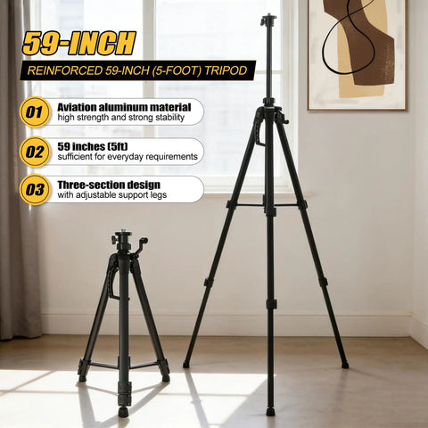 59-inch aluminum tripod with adjustable legs shown in indoor room, 16 Line Laser Level Kit With 4D Self Leveling And Receiver Extends To 200ft For Indoor Layouts And Outdoor Fencing Decking Projects, High Precision Leveling Tool For DIY And Pros.