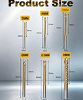 Image displaying sizes of Six Piece Top Shelf Twist Drill Bit Set With Serrated Side Cutting Edges for wood, metal, plastic.