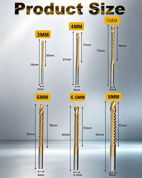 Image displaying sizes of Six Piece Top Shelf Twist Drill Bit Set With Serrated Side Cutting Edges for wood, metal, plastic.