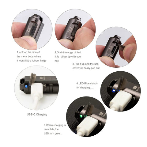 Gen 4 Mini Keychain Flashlight Ultra Bright 650 Lumens USB C Rechargeable EDC Light charging process illustration.