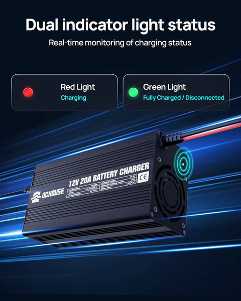 12V 20A LiFePO4 Battery Charger With 14.6V Output 300W Fast Charge Quick Connector And LED Indicator 0V Activation Recovery Power Up For Boat RV Solar Off Grid Home Systems with dual LED status indicators