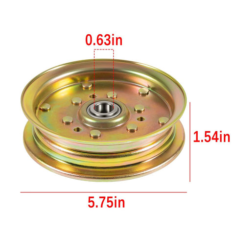 Front view of gold idler pulley assembly with 0.63in bore, 5.75in diameter, 1.54in width