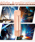 Top Rated 30 Pcs 0.023 Mig Welding Contact Tips For Guns Durable Gun Accessories with copper tip in center and welding scenes around.