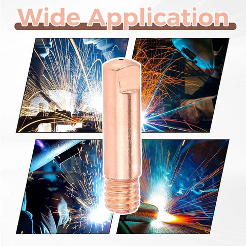 Top Rated 30 Pcs 0.023 Mig Welding Contact Tips For Guns Durable Gun Accessories with copper tip in center and welding scenes around.