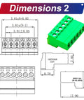 Technical diagram and dimension details of 3.81mm Phoenix Type PCB Screw Terminal Block Connector No Soldering Kit in green