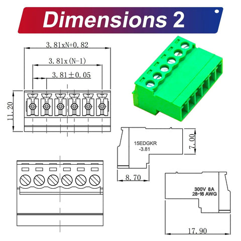 Technical diagram and dimension details of 3.81mm Phoenix Type PCB Screw Terminal Block Connector No Soldering Kit in green